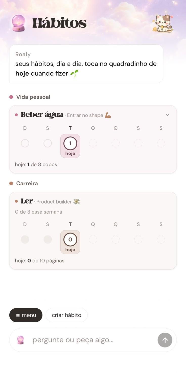 hábitos da semana acompanhados no app, com o progresso de cada um