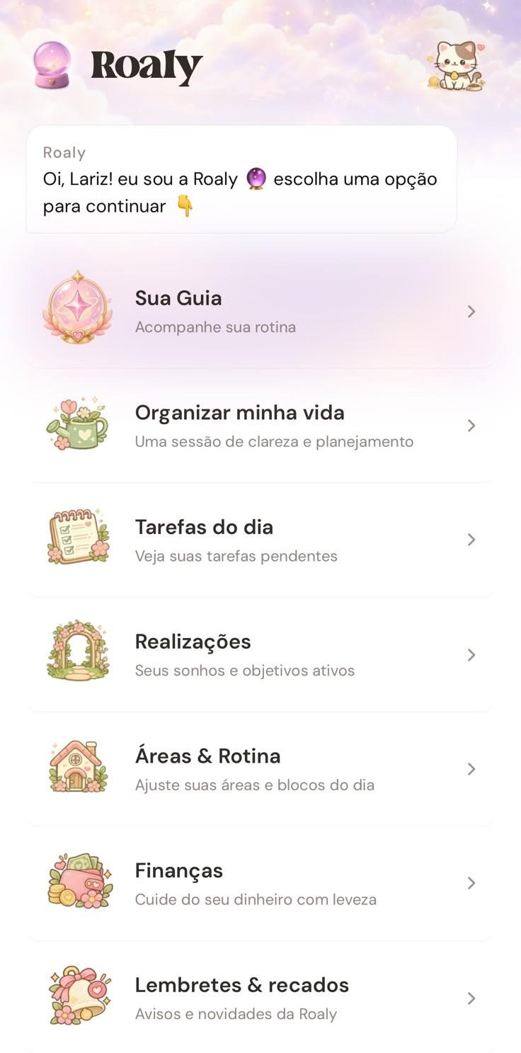 tela inicial do app, com o menu de funcionalidades da Roaly